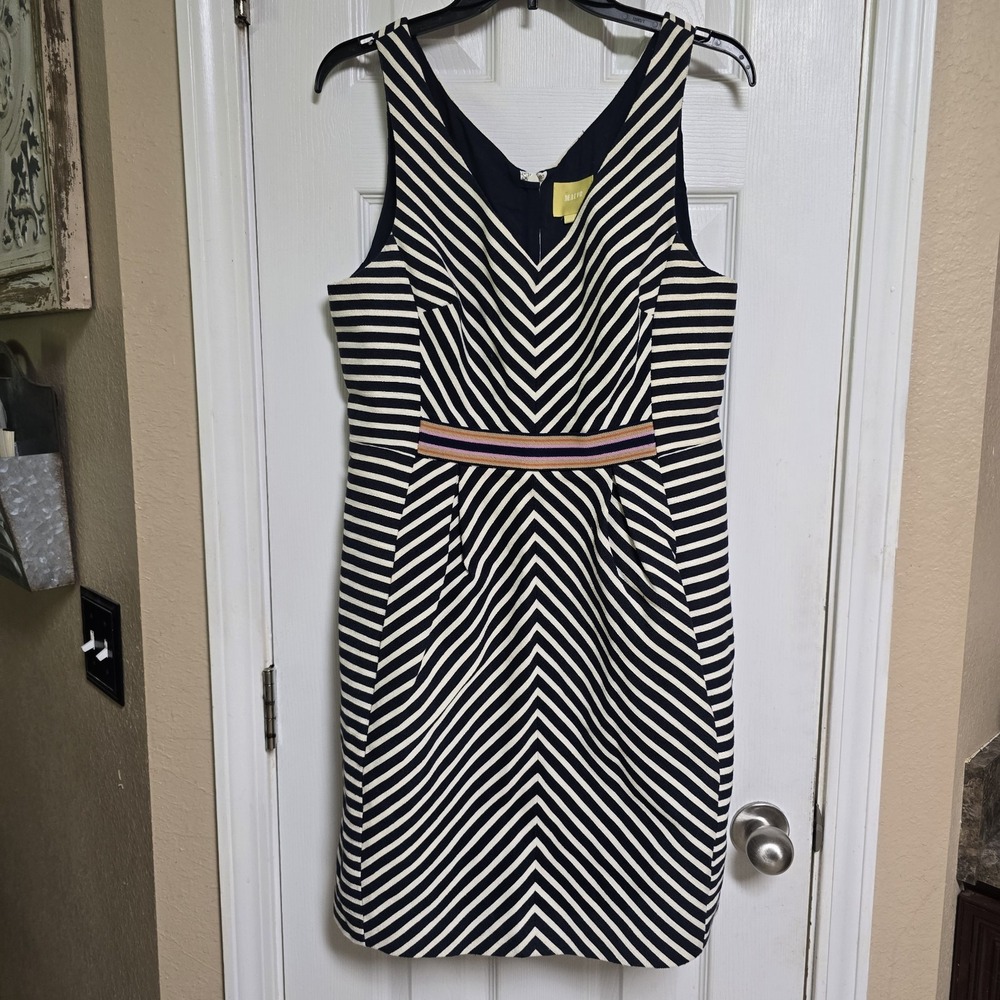 Anthropologie Maeve Dress Size 12 Navy Ivory Striped Chevron Fit Flare